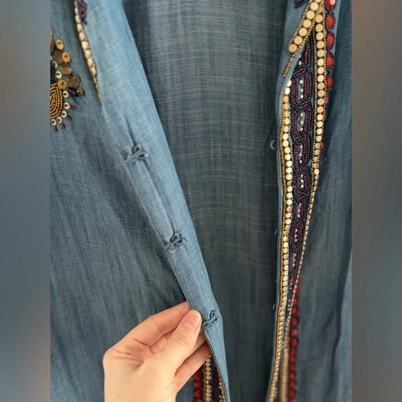 Soft Surroundings Heavily Beaded Embroidered Tencel Duster Coat - Indigo, Large - Picture 9 of 12